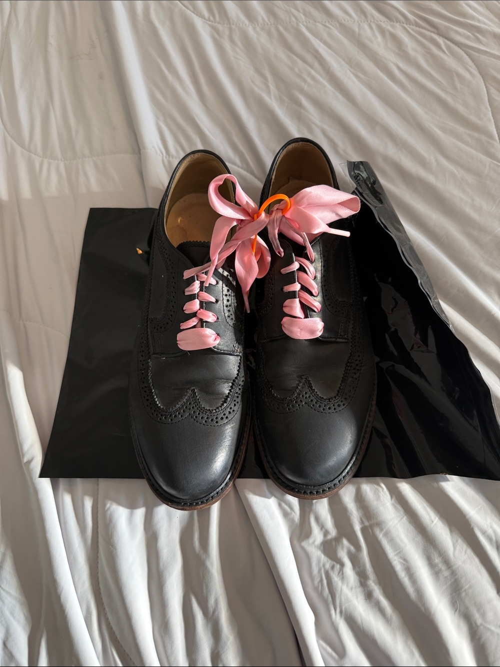 Frye Black Wingtip Lace-Up Boots with Pink Ribbon Laces